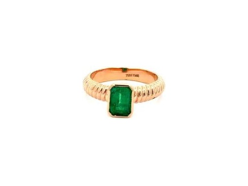 18K Rose Gold Ring with Natural Emerald-Cut Emerald in Bezel Setting